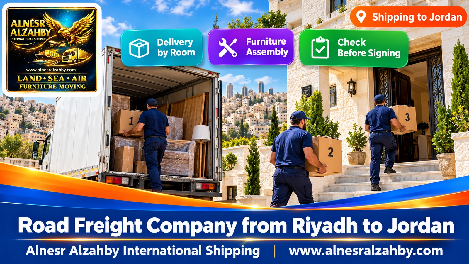 A team delivering numbered boxes to a white stone house in Amman