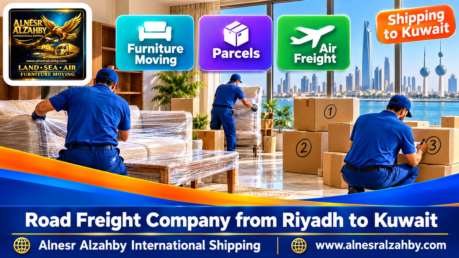 A team in blue uniforms wrapping furniture in a bright living room and numbering boxes