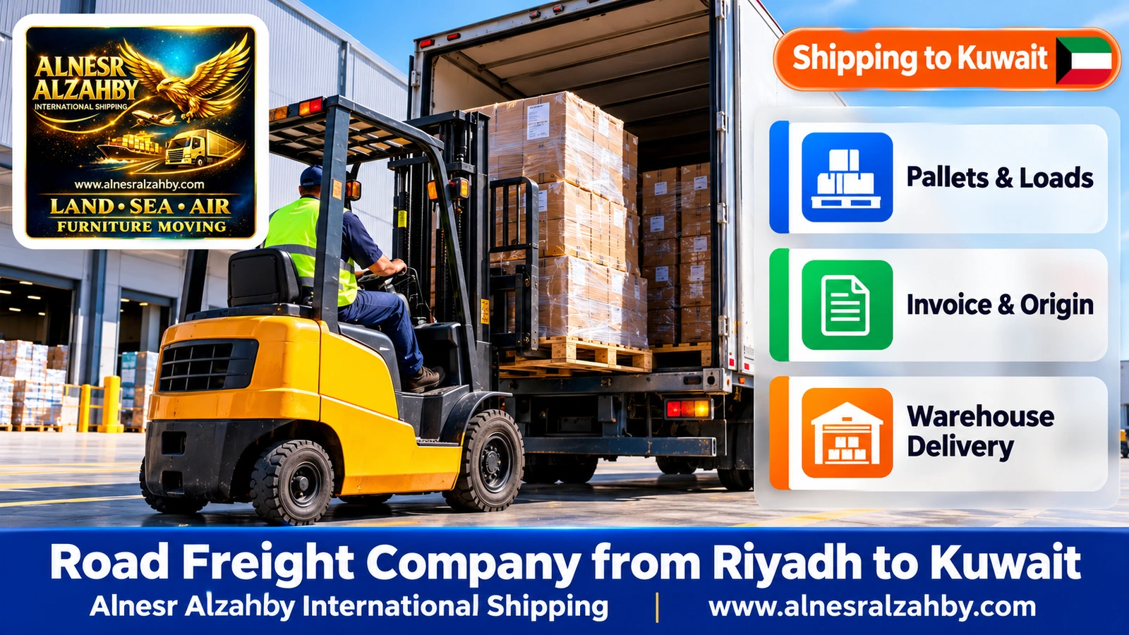 A forklift loading pallets into a truck at a modern warehouse dock