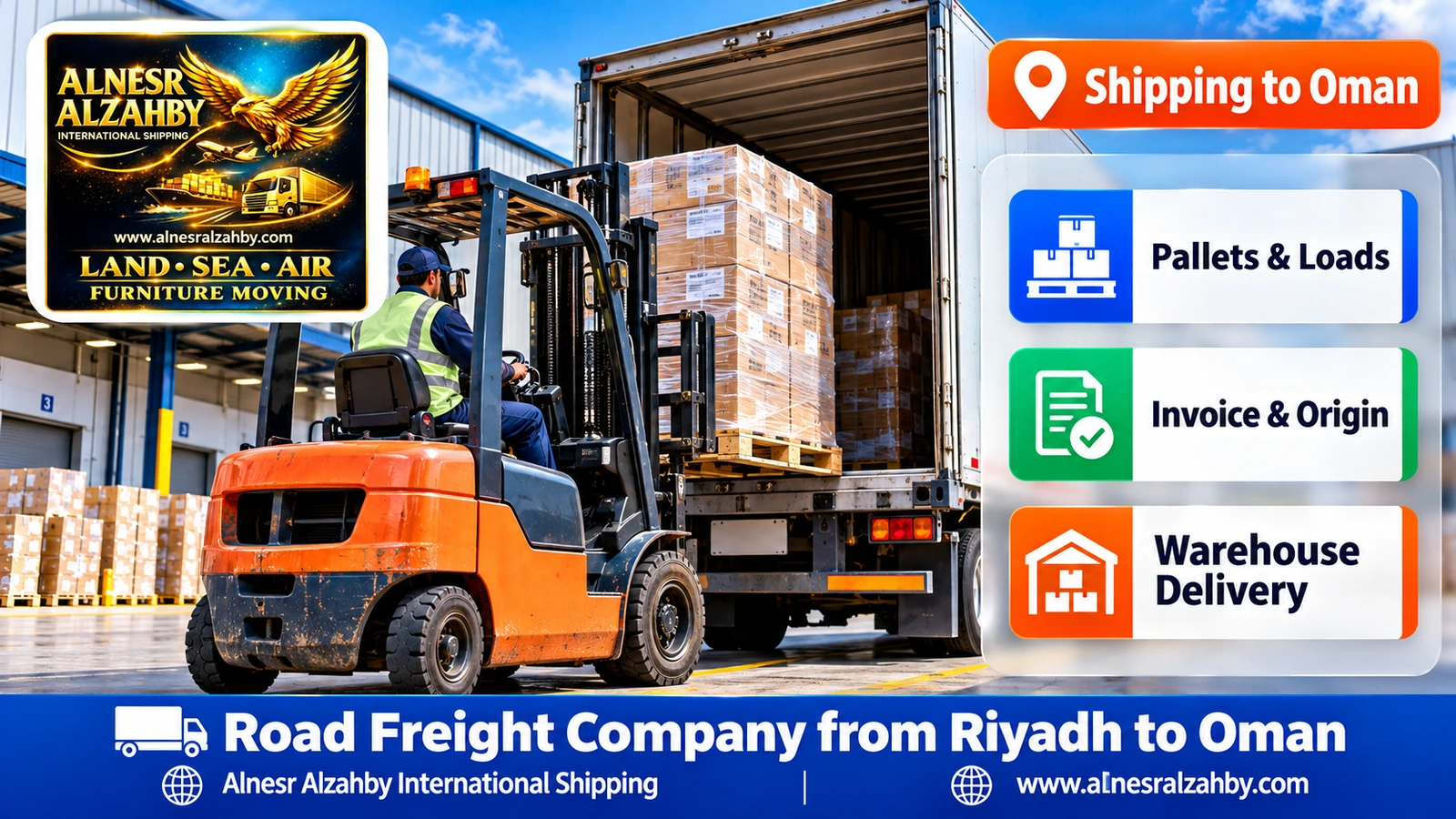 A forklift loading pallets into a truck at a modern warehouse dock