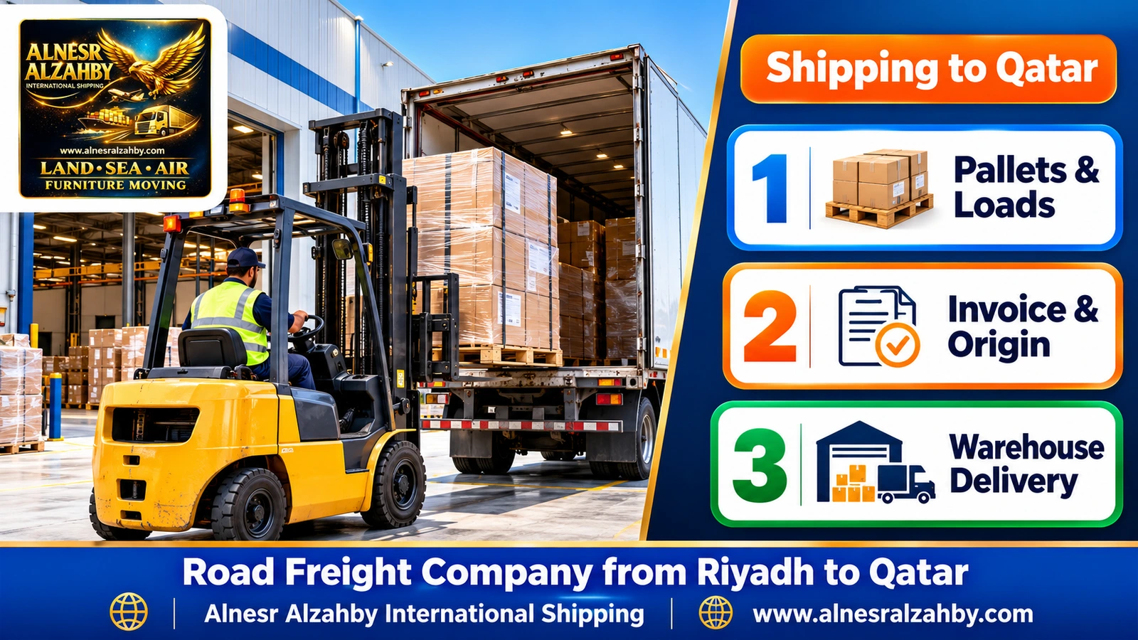 A forklift loading pallets into a truck at a modern warehouse dock