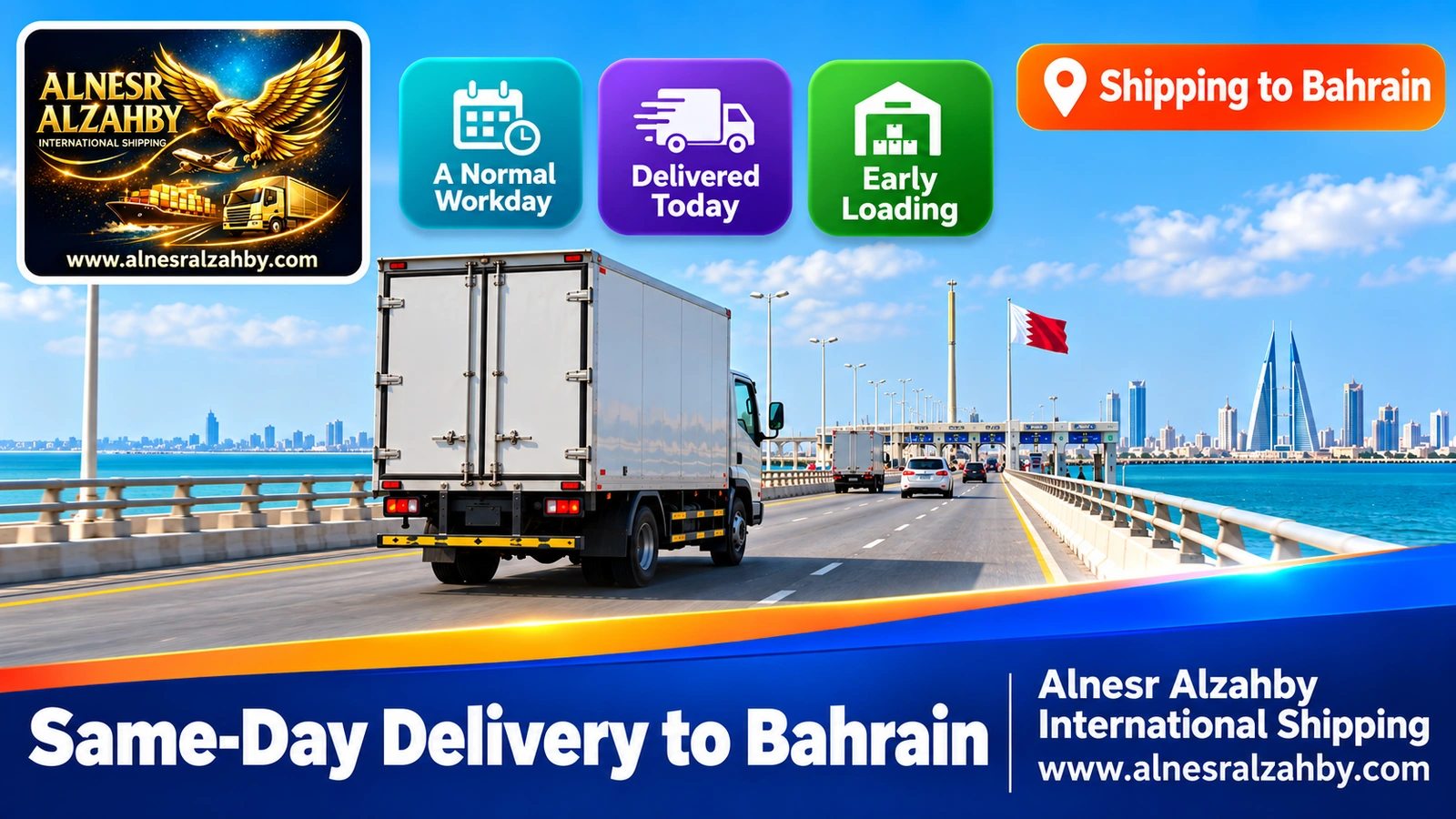 A small truck crossing the King Fahd Causeway in the morning toward Bahrain