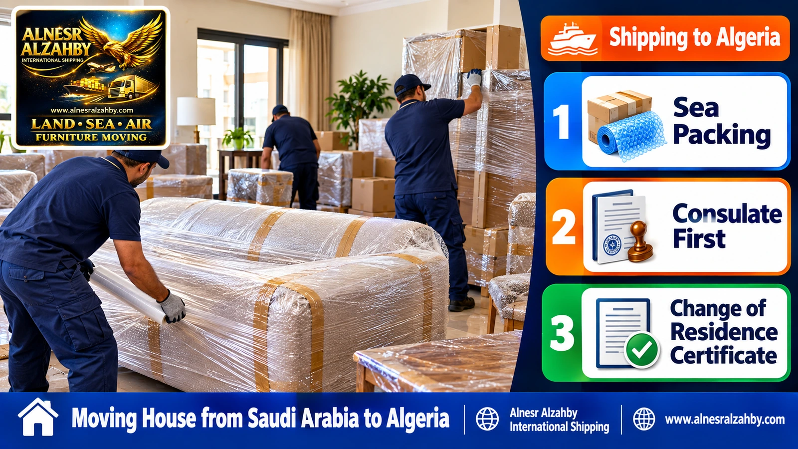 Wrapping house furniture in moisture-resistant layers before sea shipping to Algeria