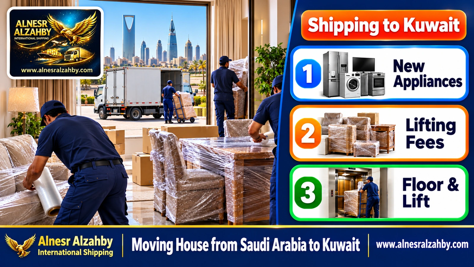 A team dismantling and wrapping an apartment's furniture in Riyadh before moving it to Kuwait