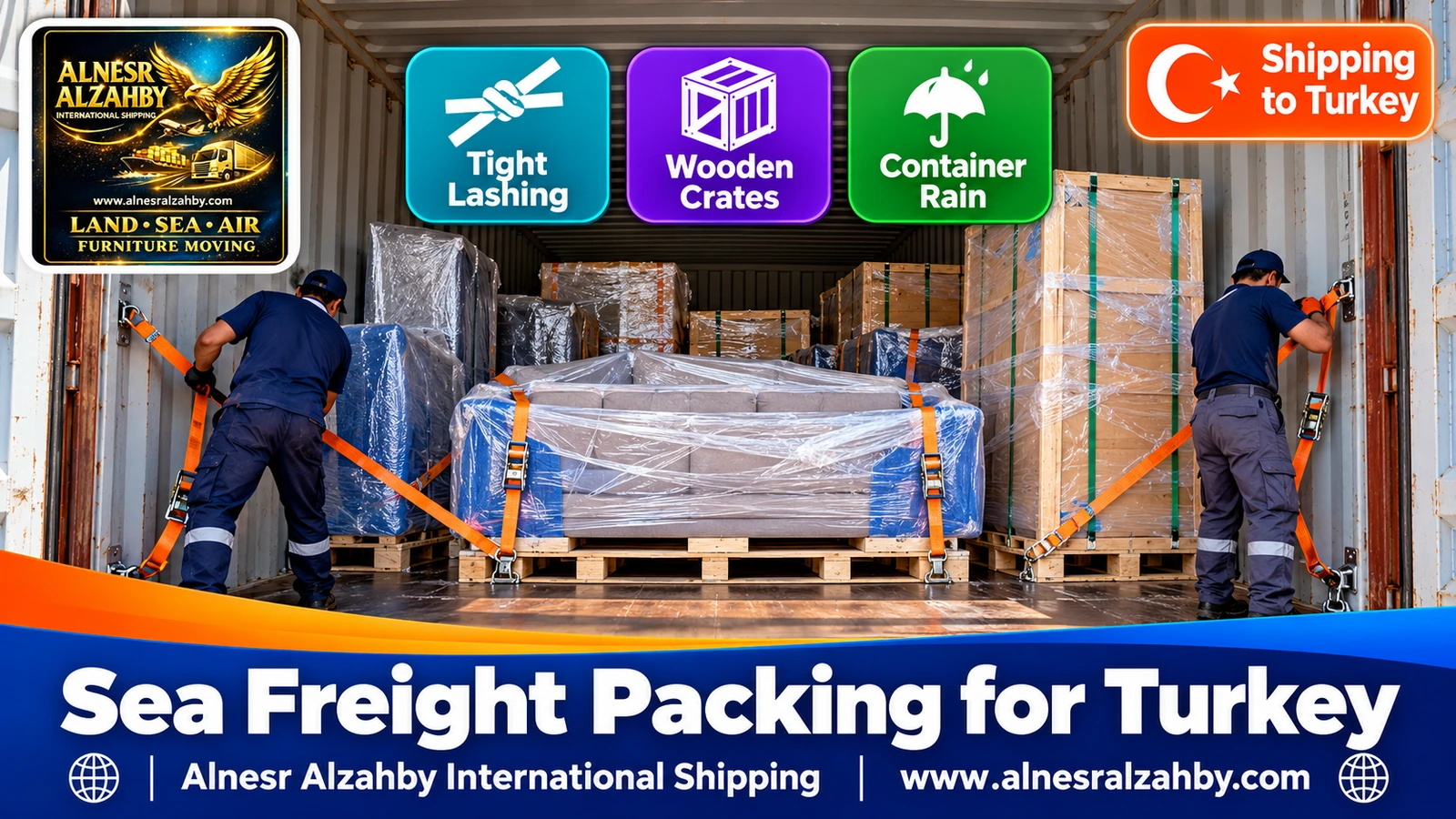 Furniture wrapped in moisture-resistant layers and raised on pallets inside a container