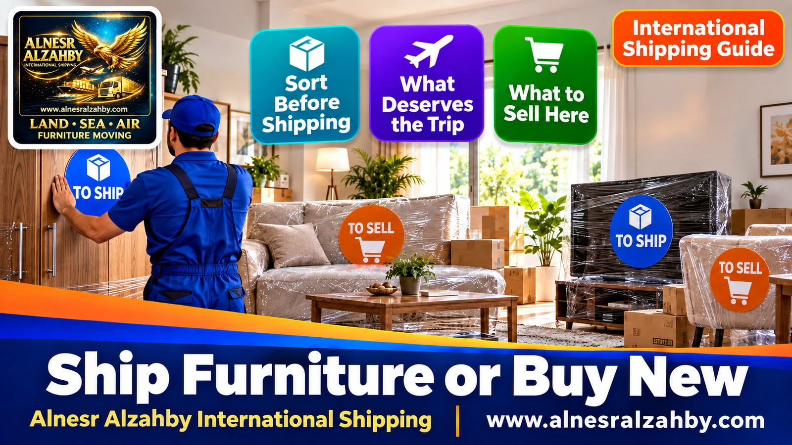 Sorting furniture before shipping: pieces tagged TO SHIP and TO SELL inside a home