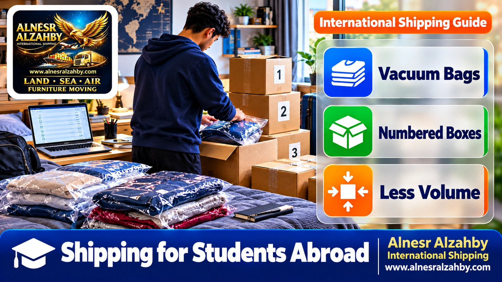 A student packing numbered cardboard boxes and vacuum bags of clothes before travelling