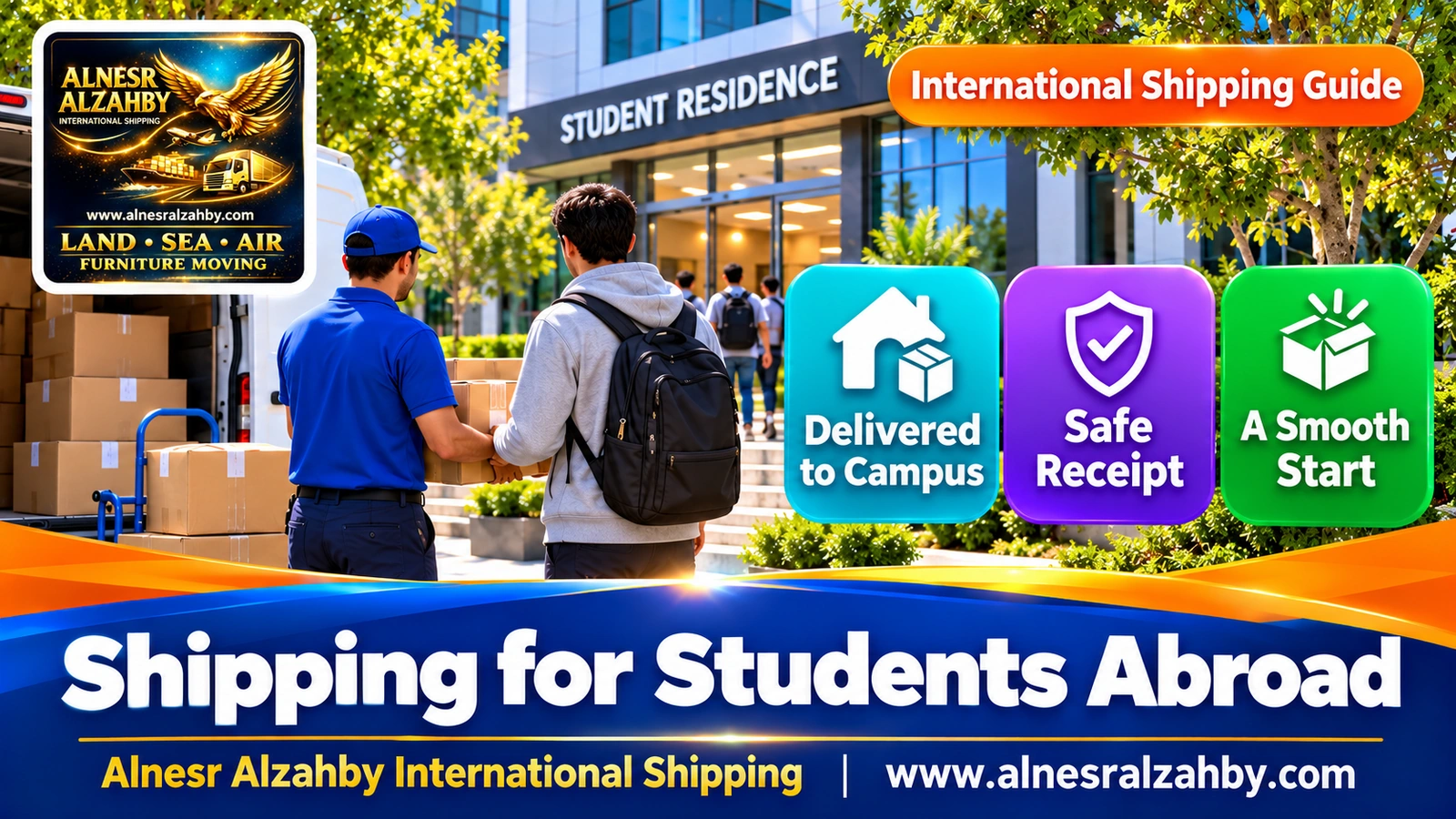 A student's boxes arriving at a university residence abroad and being received