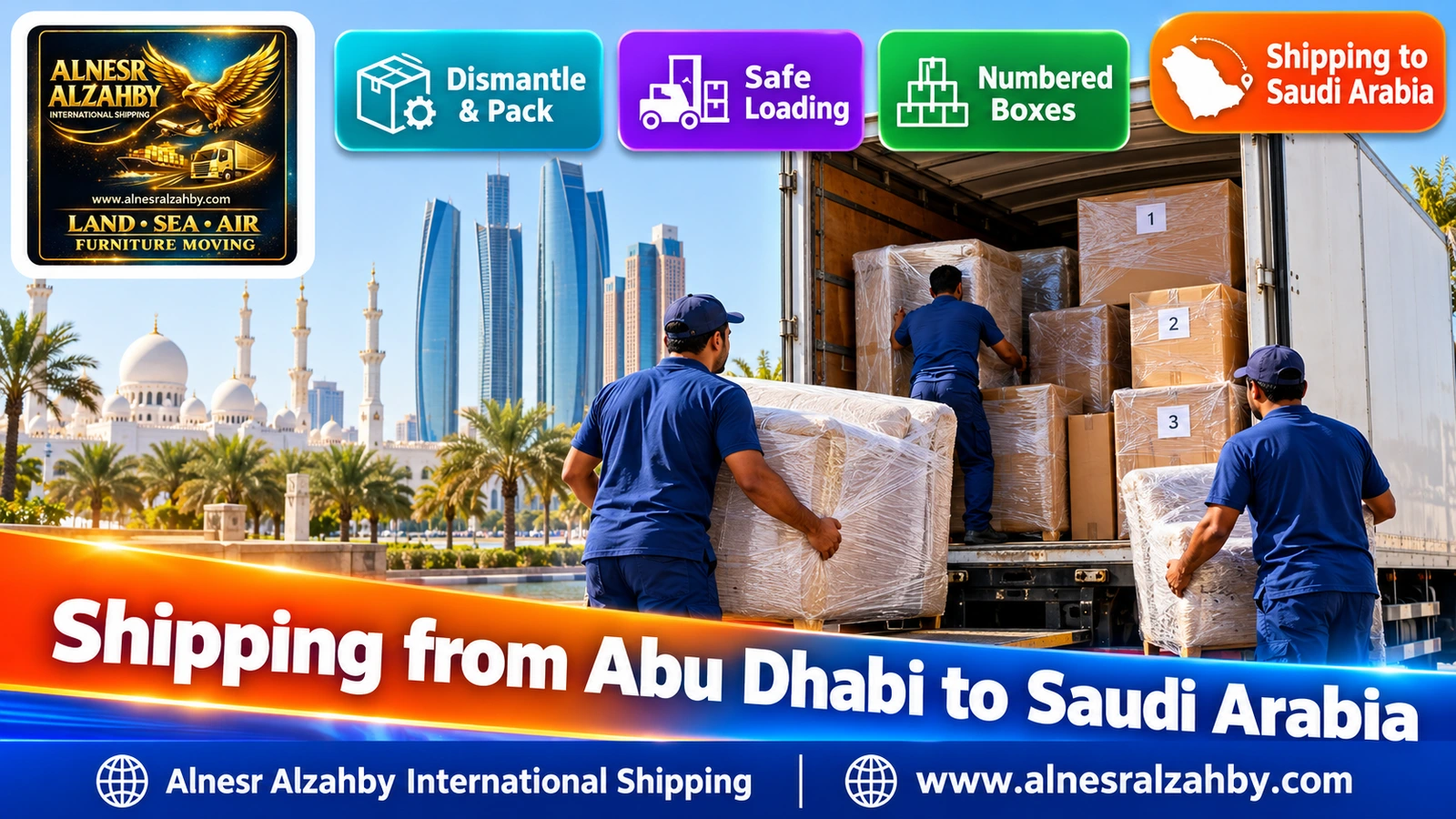 A shipping team loading wrapped furniture into a closed truck in Abu Dhabi