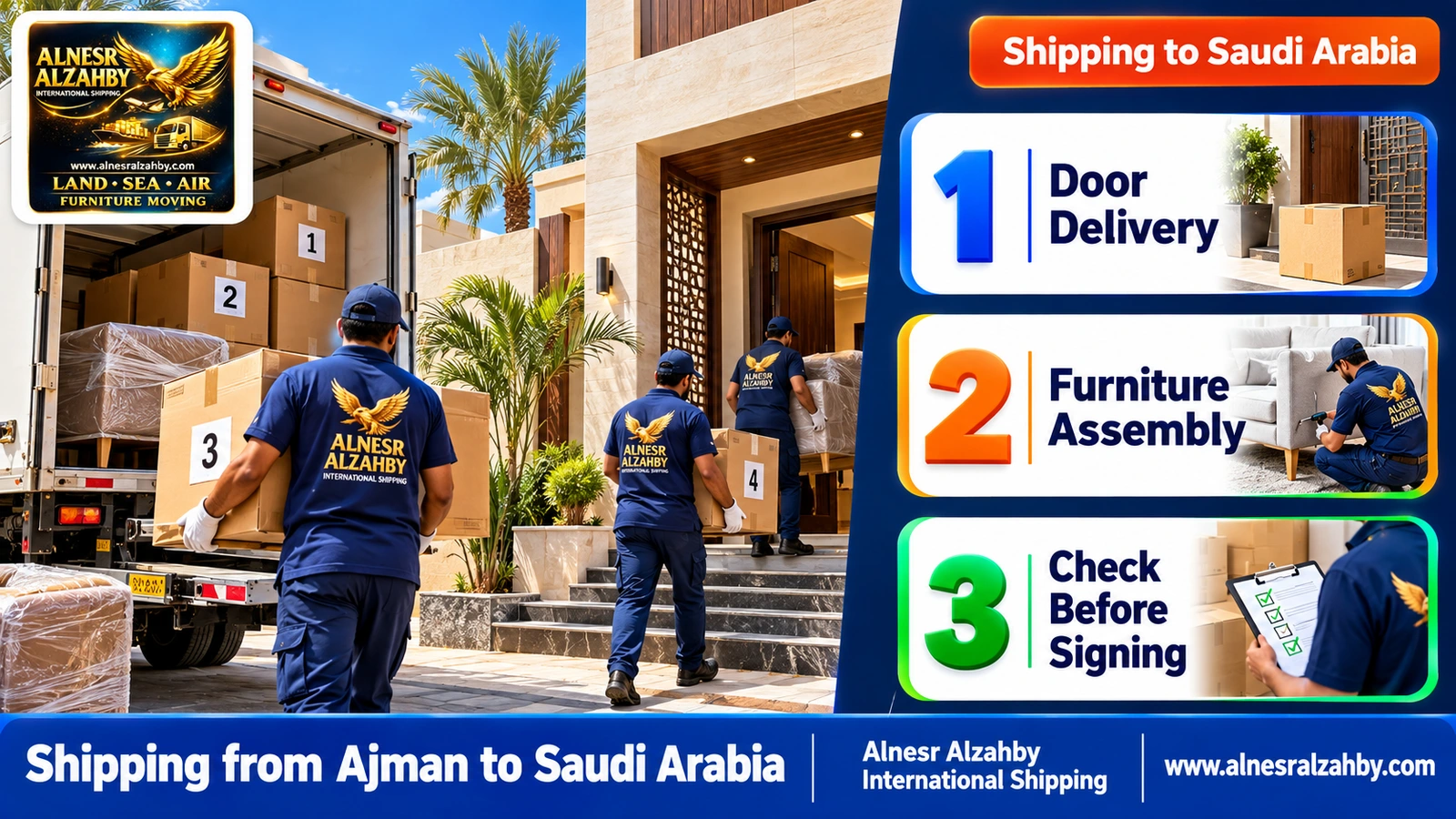 A team delivering numbered boxes to a modern home in Saudi Arabia