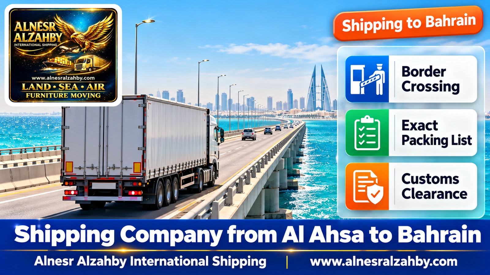 A truck crossing the King Fahd Causeway over turquoise Gulf waters