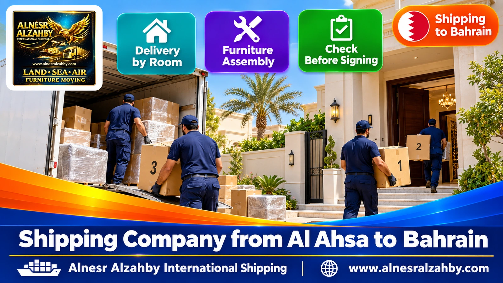 A team delivering numbered boxes to a villa in Riffa