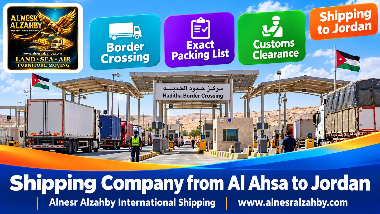The Haditha border crossing with modern canopies and trucks in line in the morning