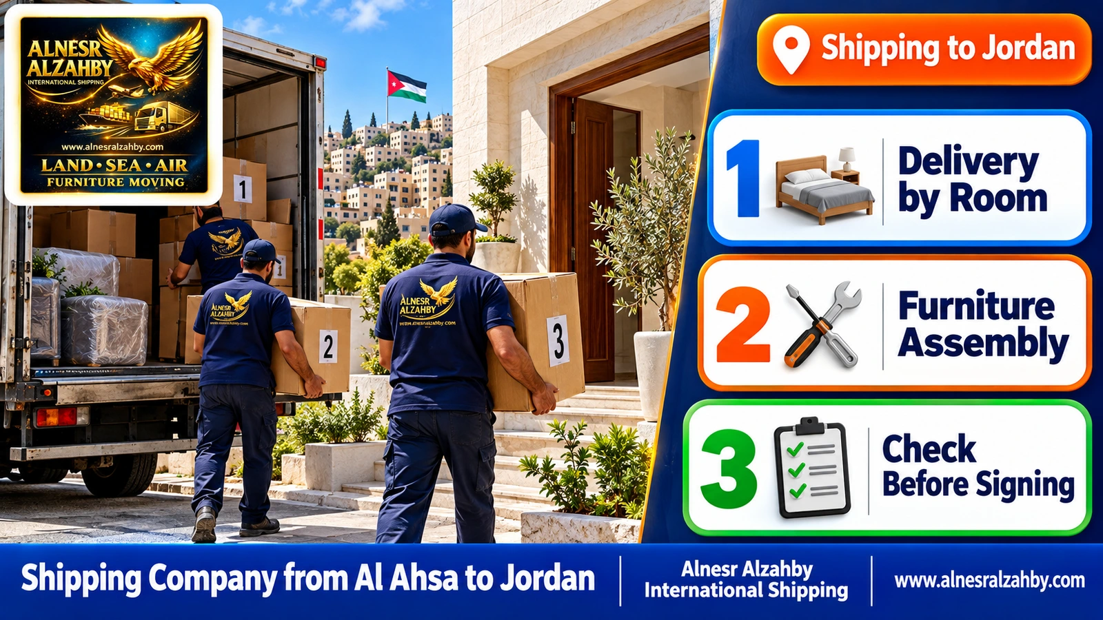 A team delivering numbered boxes to a white stone house in Amman