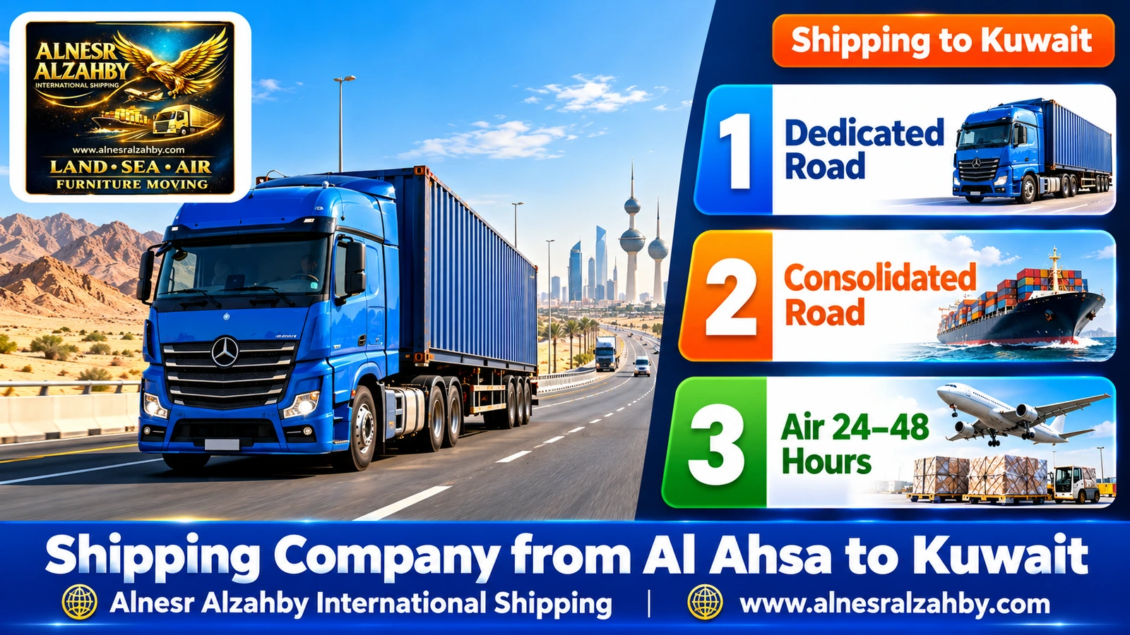 A blue cargo truck on a modern desert highway in the morning