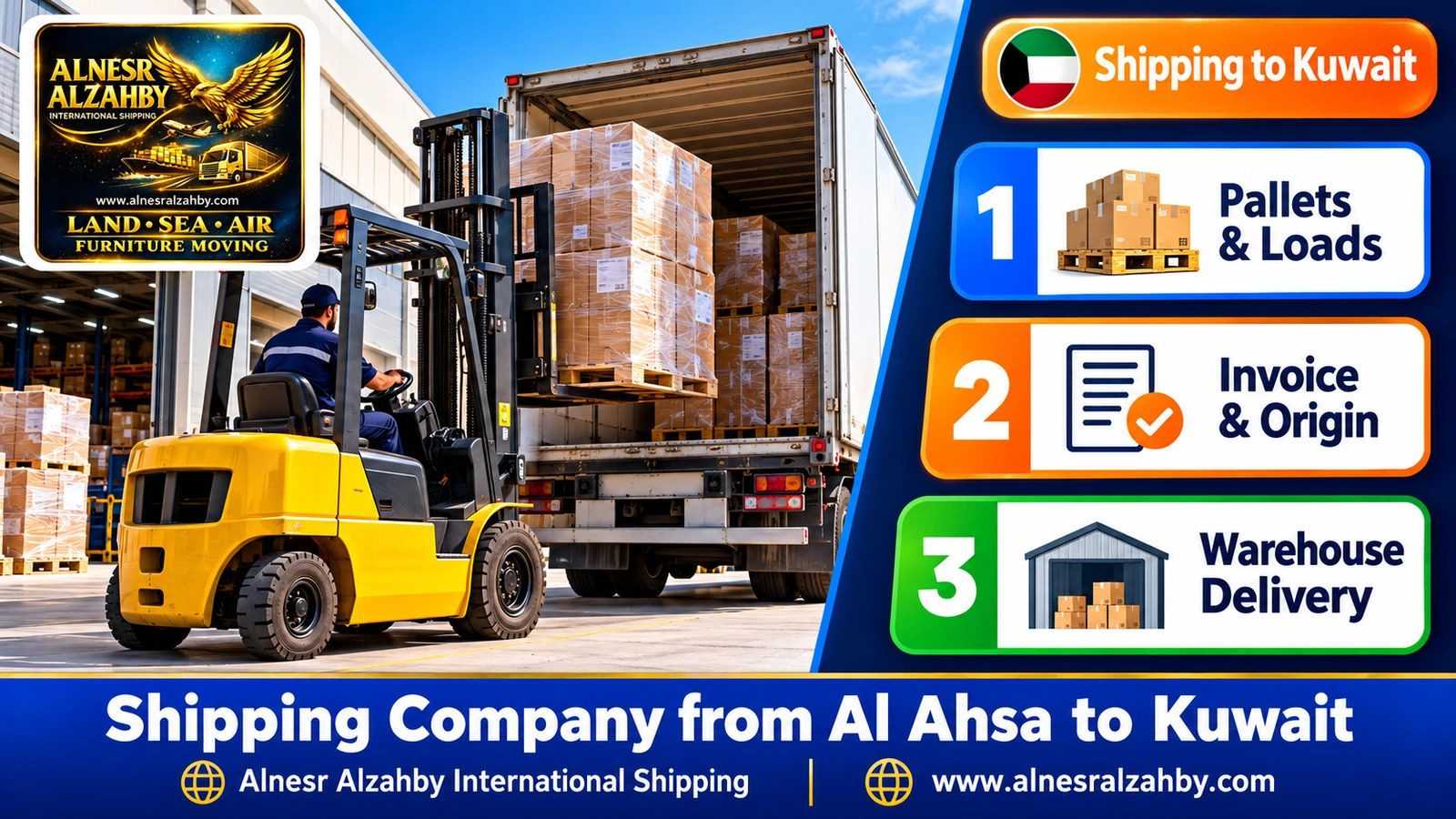 A forklift loading pallets into a truck at a modern warehouse dock