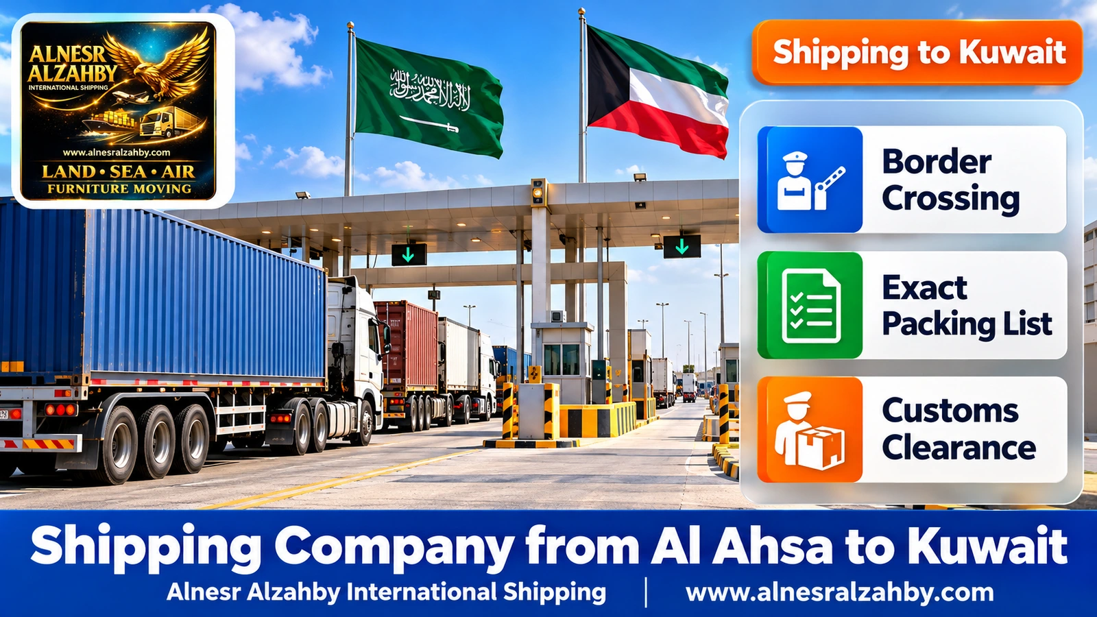 A modern Saudi–Kuwait border crossing with trucks in line