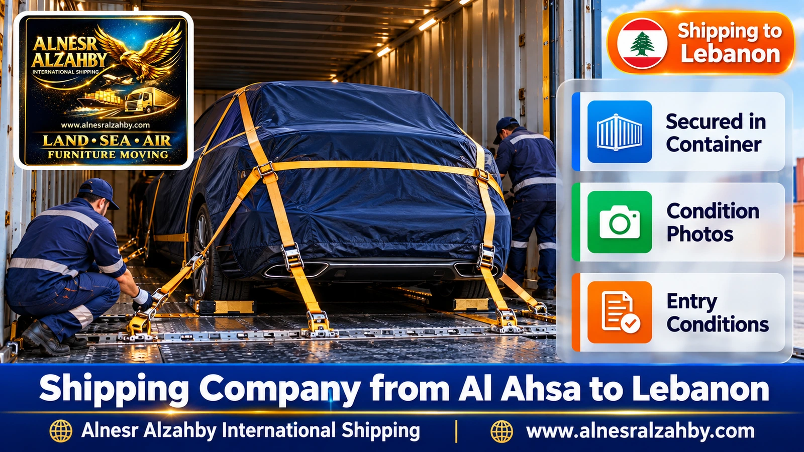 A family car under a navy protective cover strapped inside an enclosed carrier