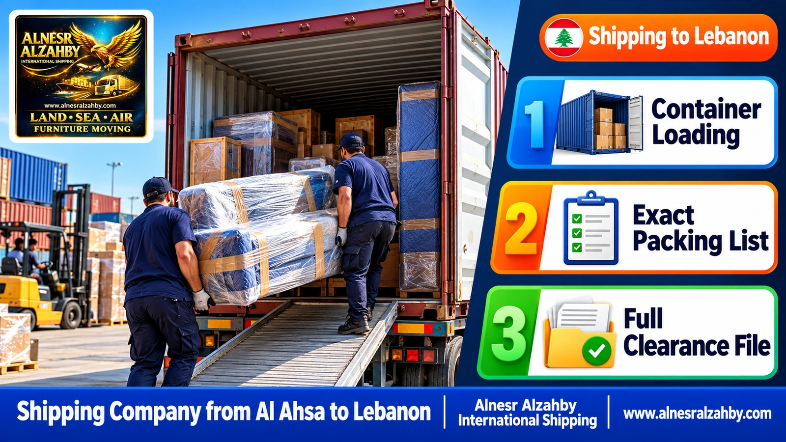 Loading wrapped furniture into a 20ft container at a loading yard