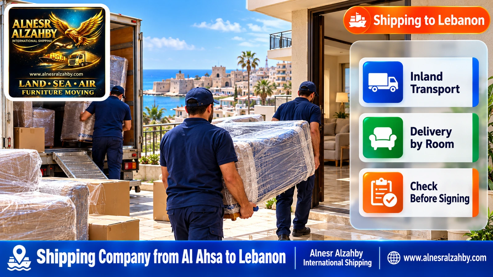 A team delivering wrapped furniture to an apartment in Sidon