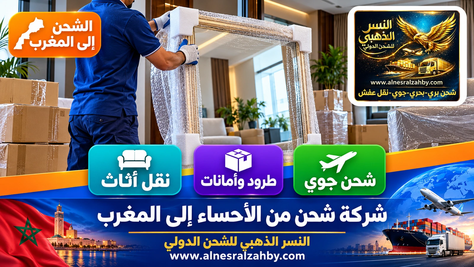 عامل يلف مرآة كبيرة بالفوم وزوايا الحماية