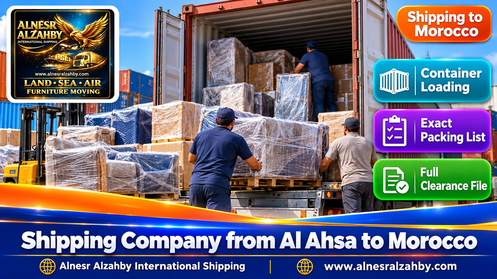 Loading wrapped furniture into a 20ft container at a loading yard
