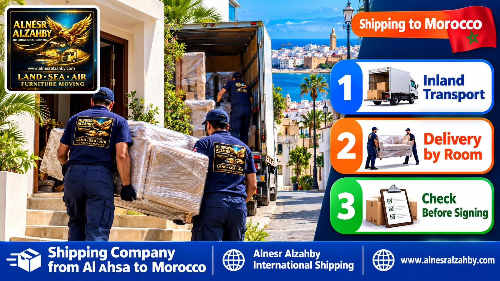 A team delivering wrapped furniture to a house in Tangier
