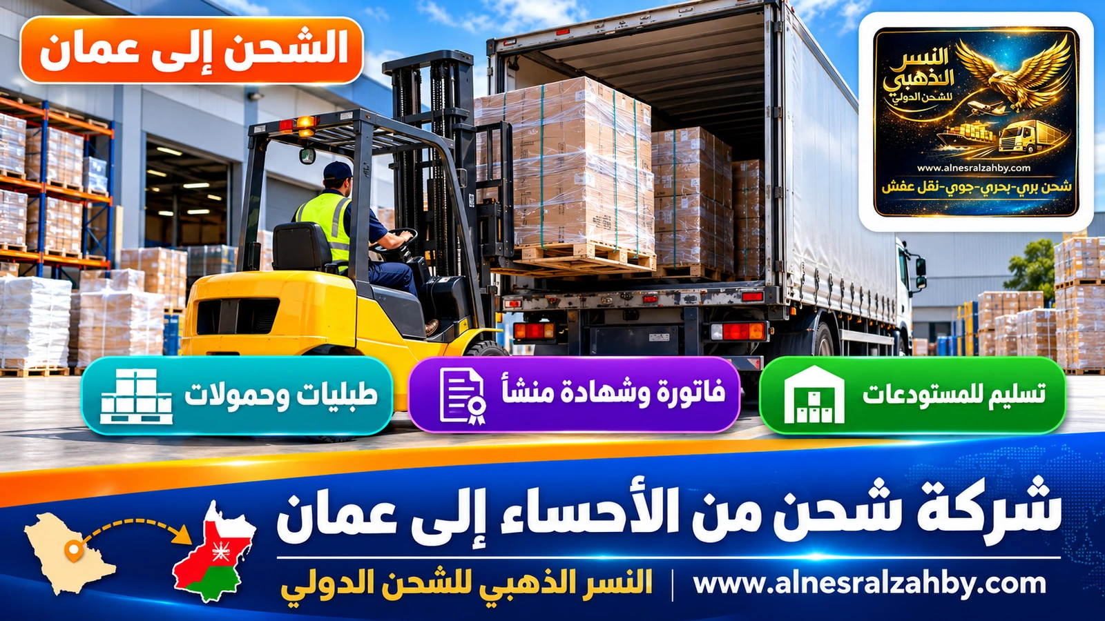 رافعة شوكية تحمّل طبليات في شاحنة عند رصيف مستودع حديث