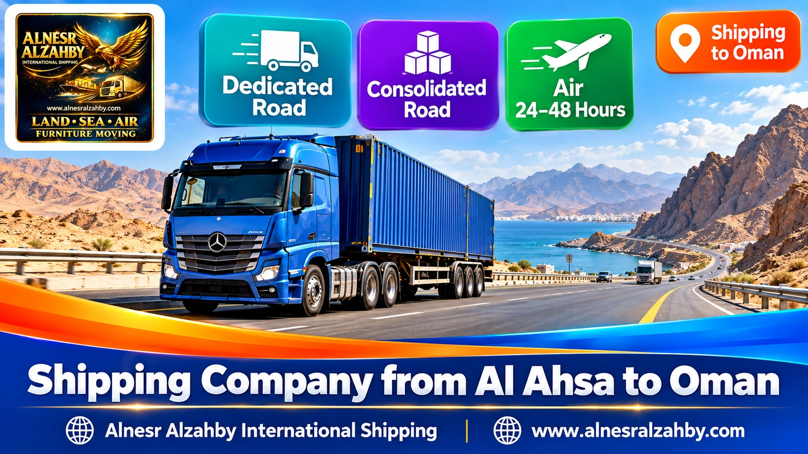 A blue cargo truck on a modern desert highway in the morning
