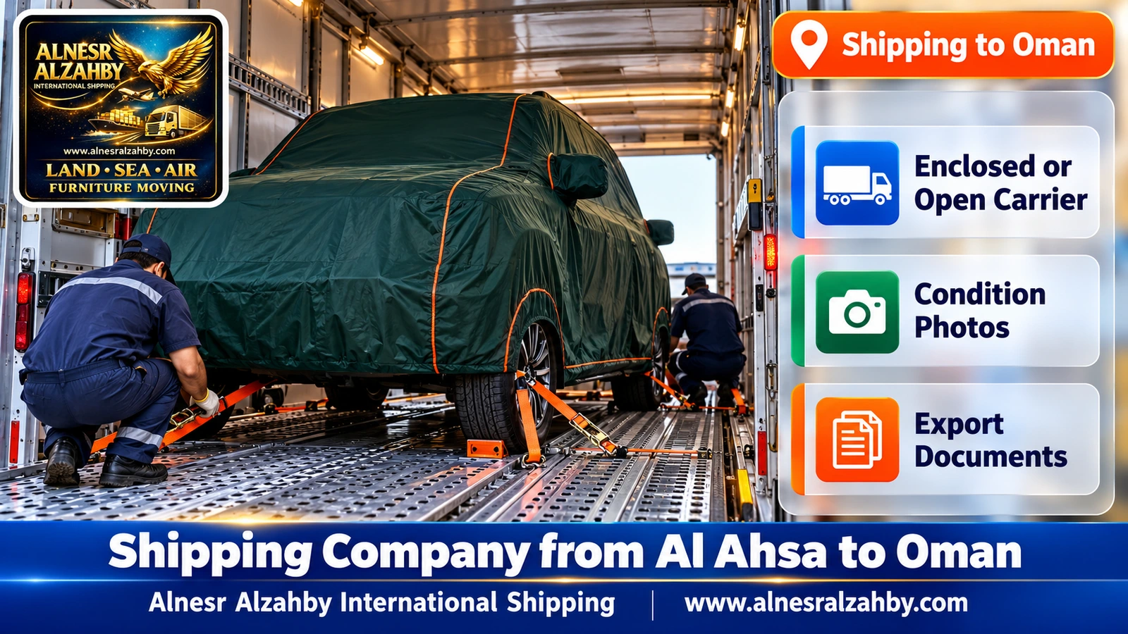 An SUV under a dark green protective cover inside an enclosed car carrier