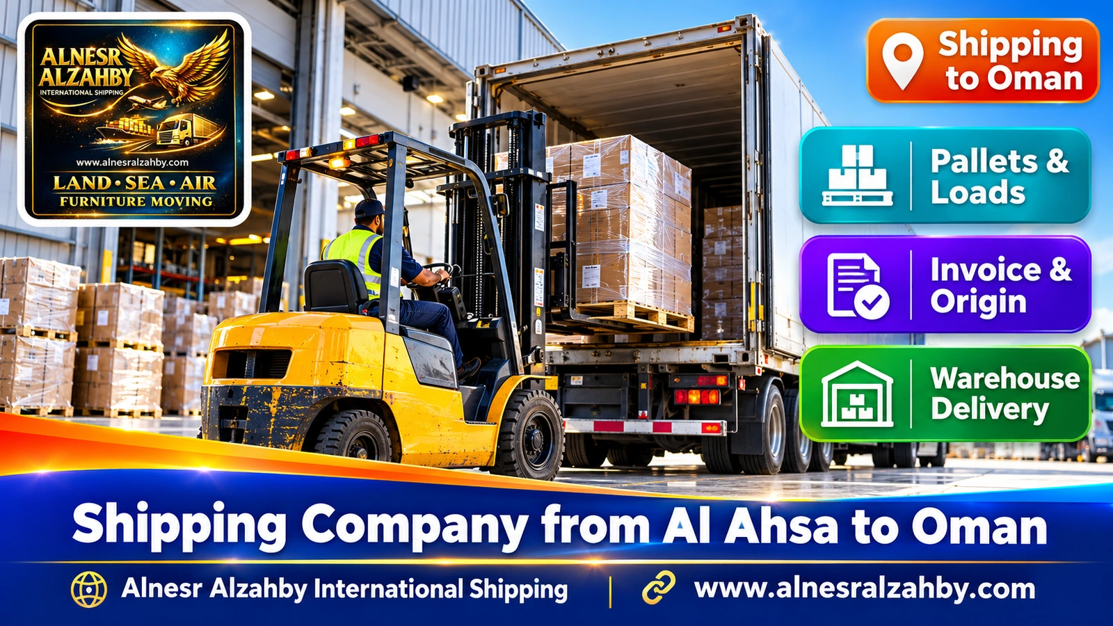 A forklift loading pallets into a truck at a modern warehouse dock
