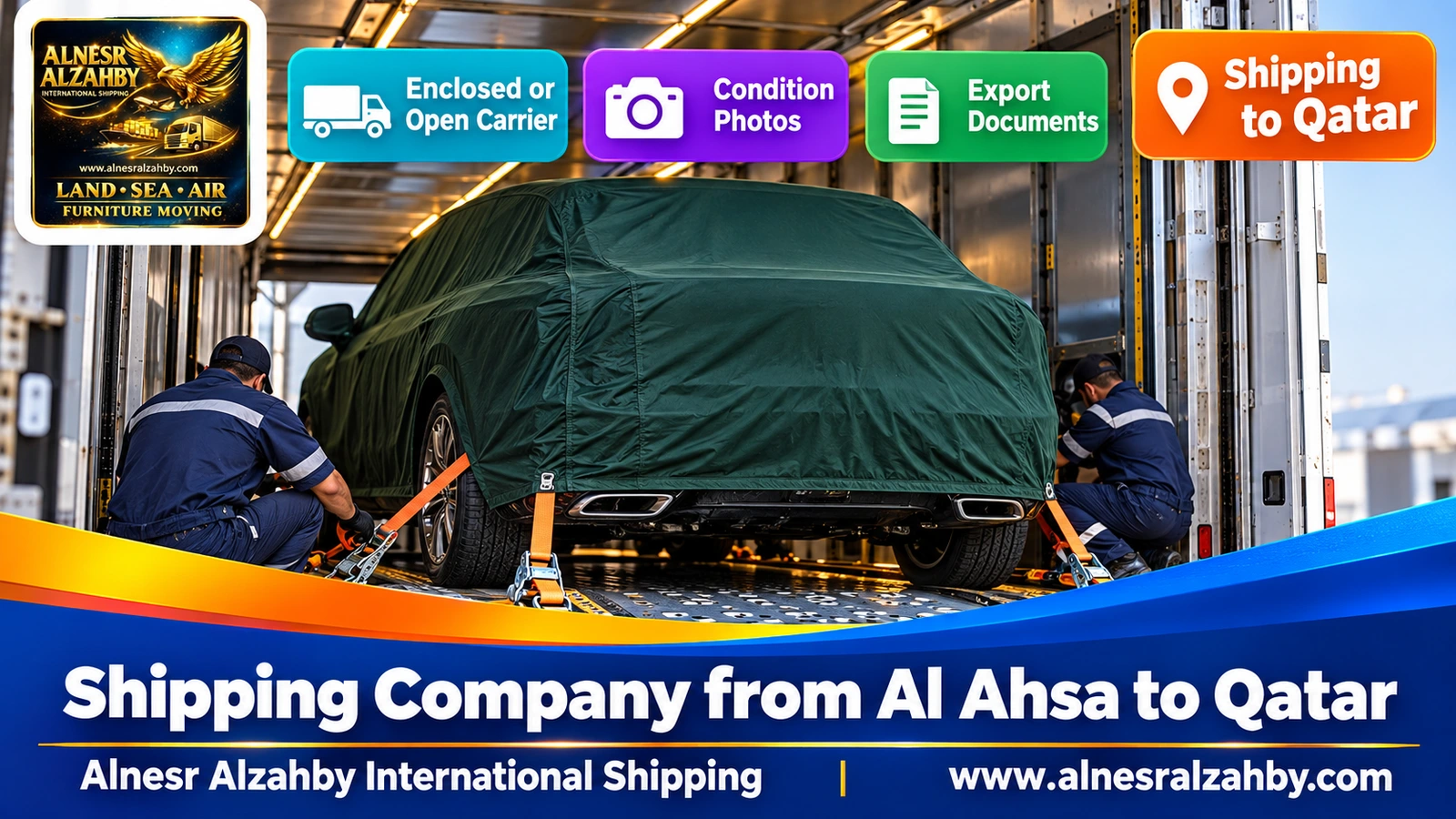 An SUV under a dark green protective cover inside an enclosed car carrier