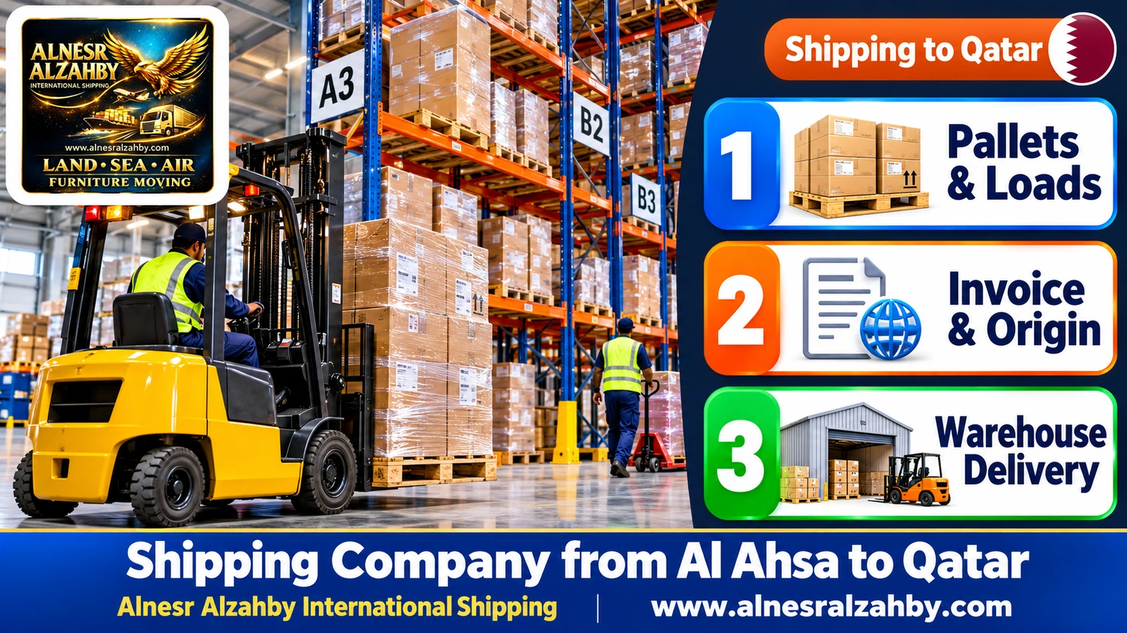 An organised consolidation warehouse with tall racks and numbered pallets
