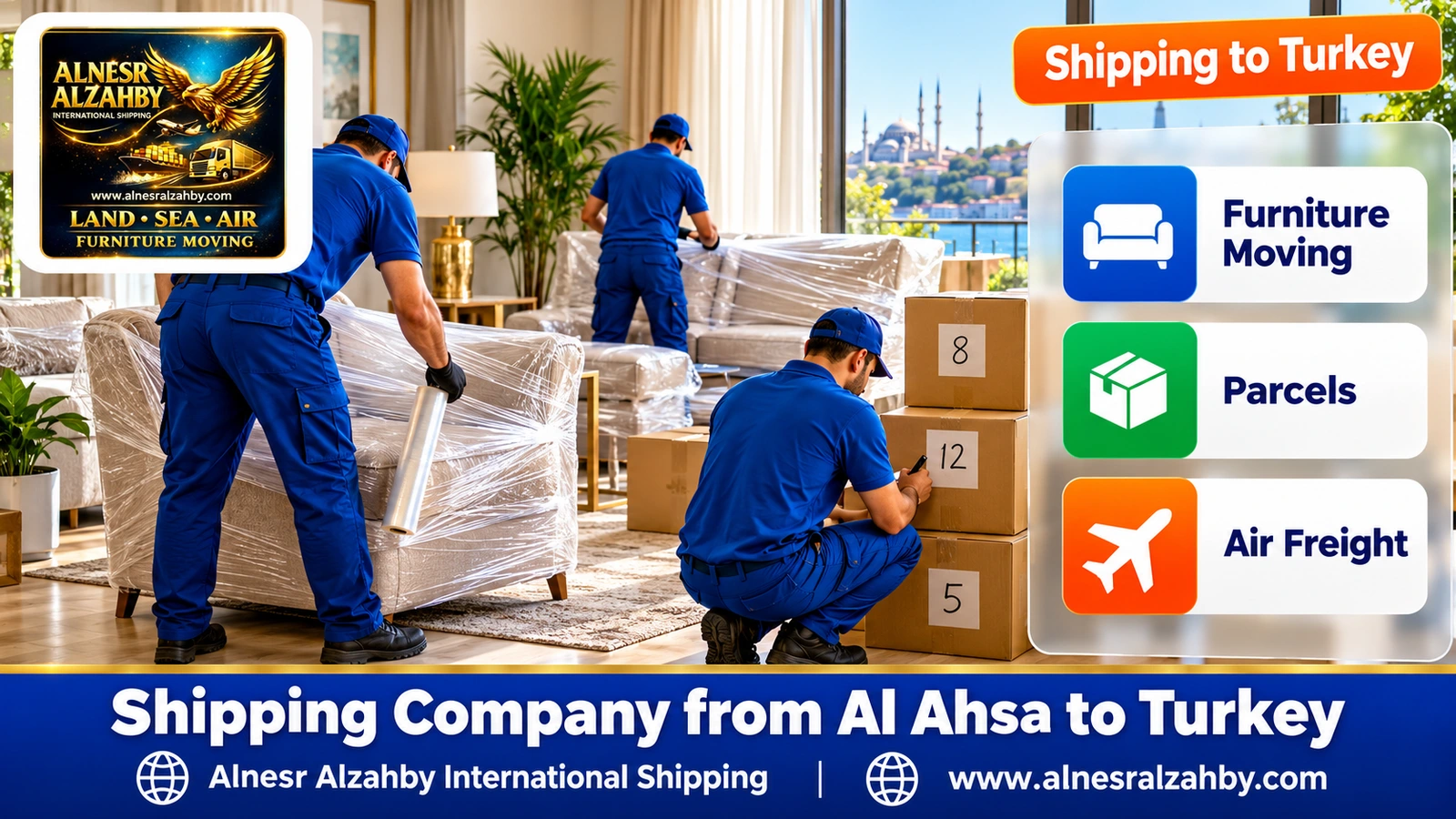 A team in blue uniforms wrapping furniture in a bright living room and numbering boxes