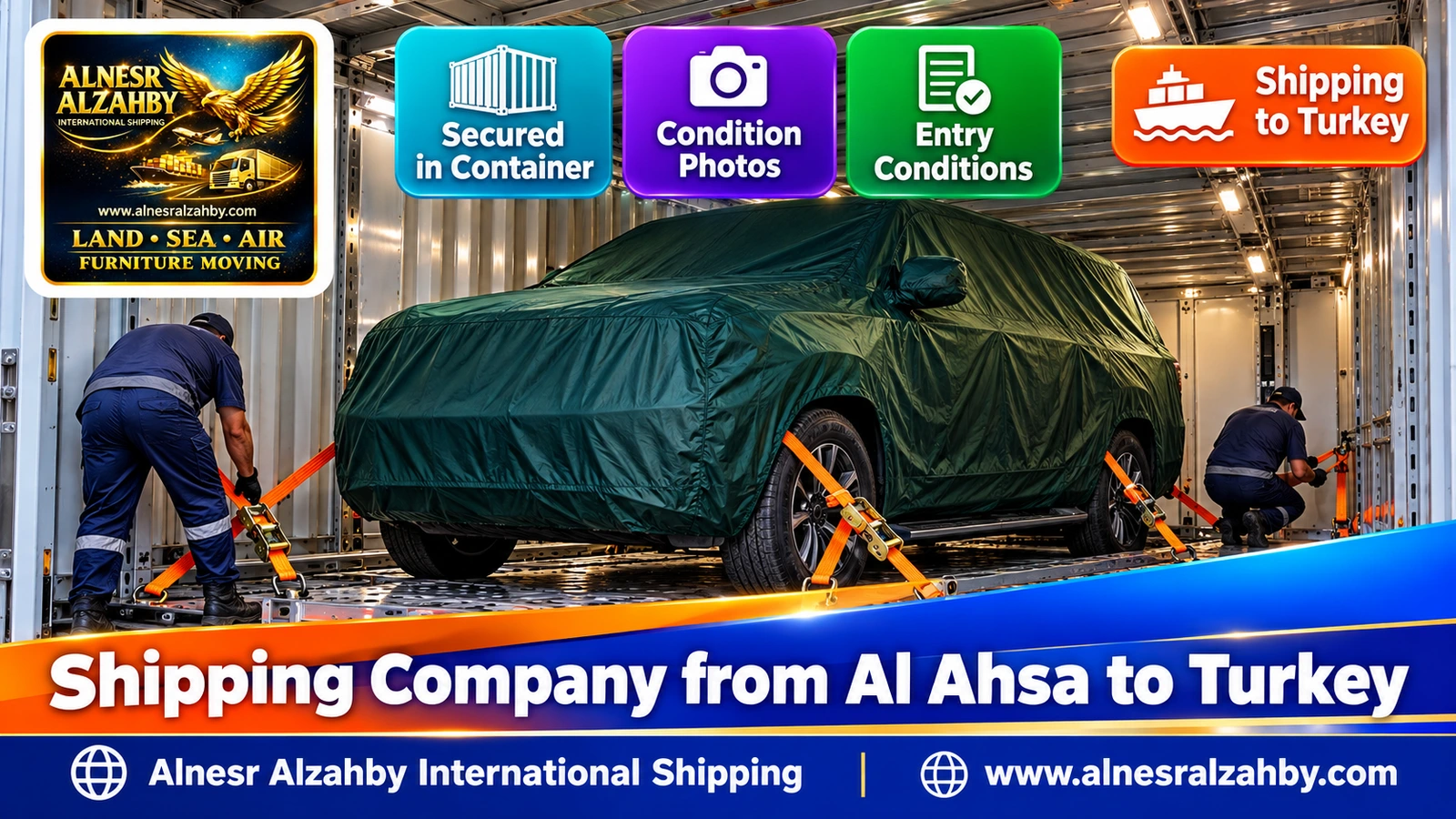 An SUV under a dark green protective cover inside an enclosed car carrier