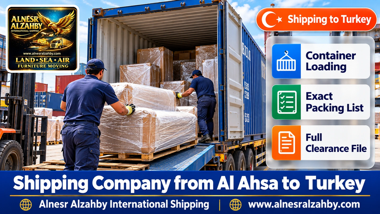 Loading wrapped furniture into a 20ft container at a loading yard