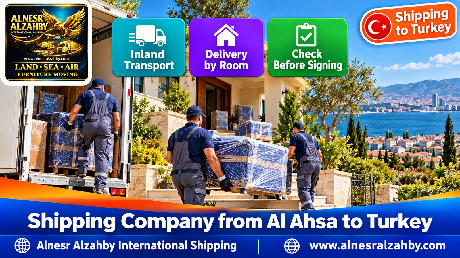 A team delivering wrapped furniture to a villa in Izmir