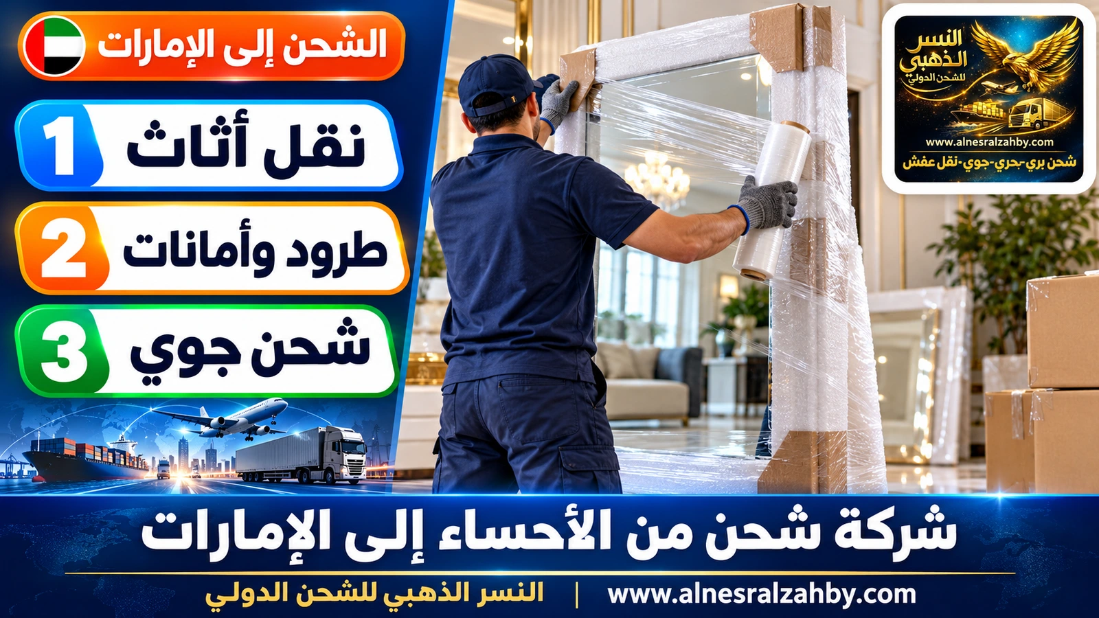 عامل يلف مرآة كبيرة بالفوم وزوايا الحماية