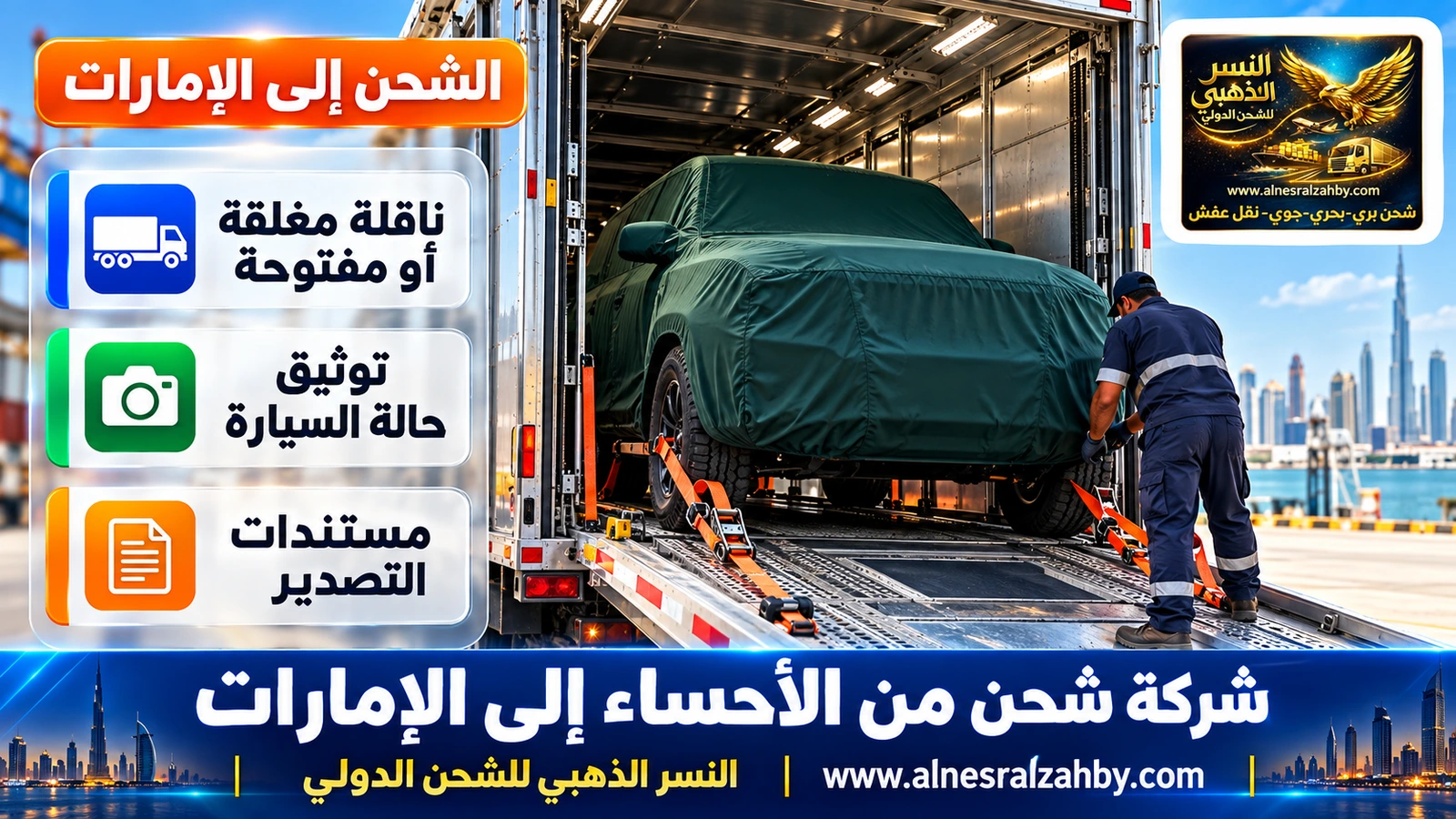 سيارة دفع رباعي مغطاة بغطاء حماية أخضر داكن داخل ناقلة سيارات مغلقة