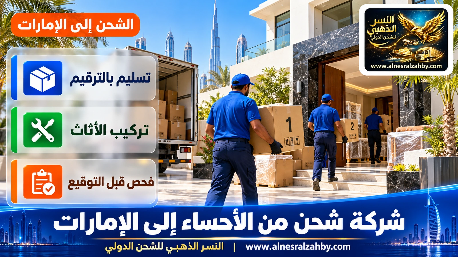 فريق يُدخل صناديق مرقمة إلى فيلا حديثة في دبي