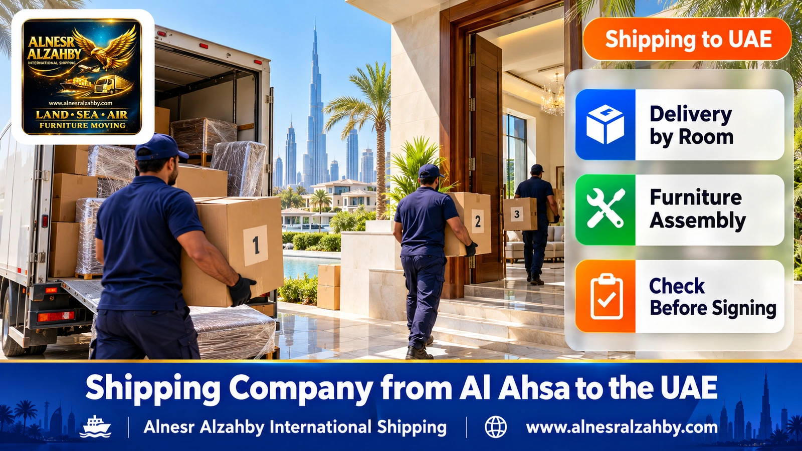 A team bringing numbered boxes into a modern villa in Dubai