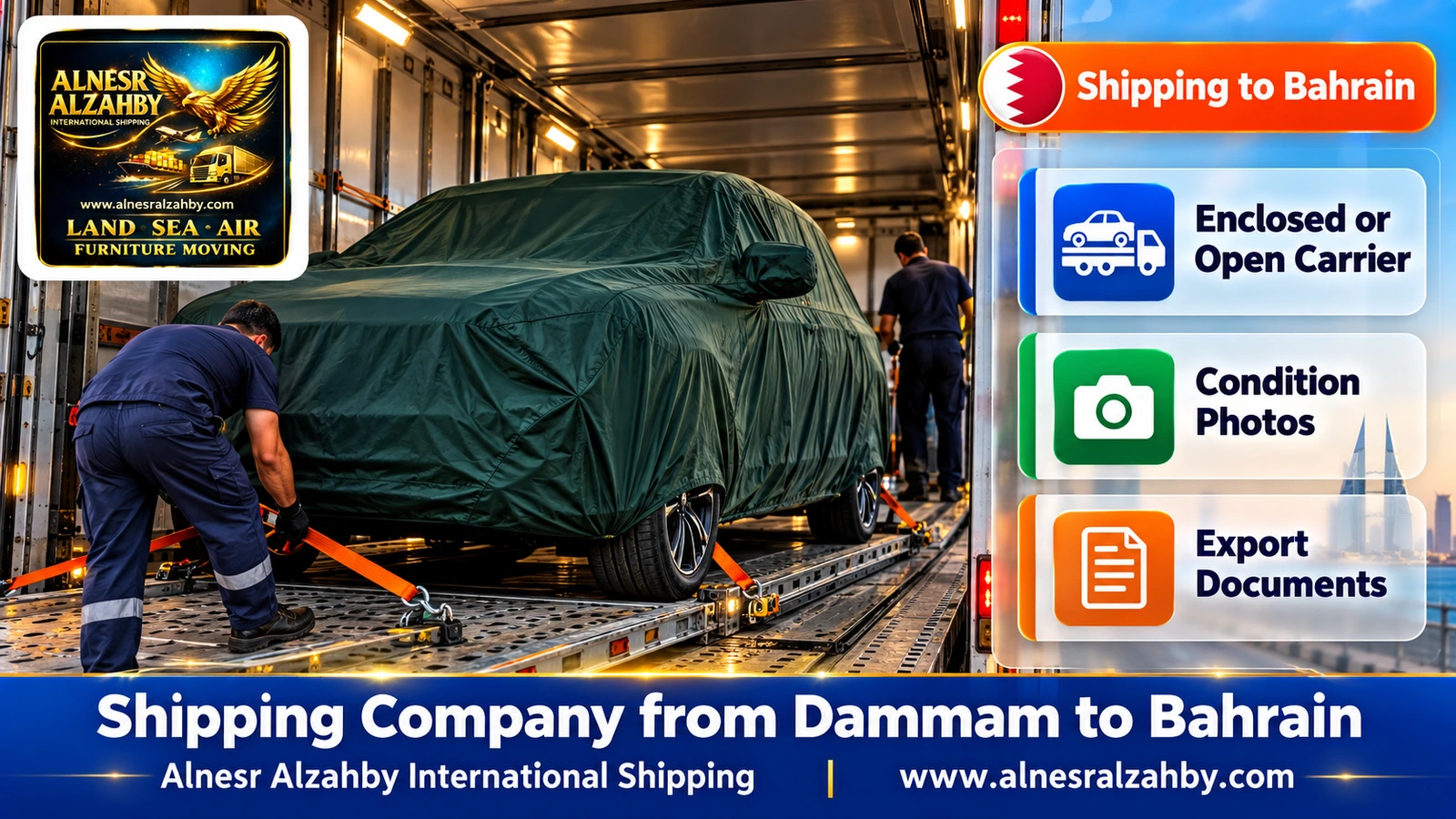 An SUV under a dark green protective cover inside an enclosed car carrier