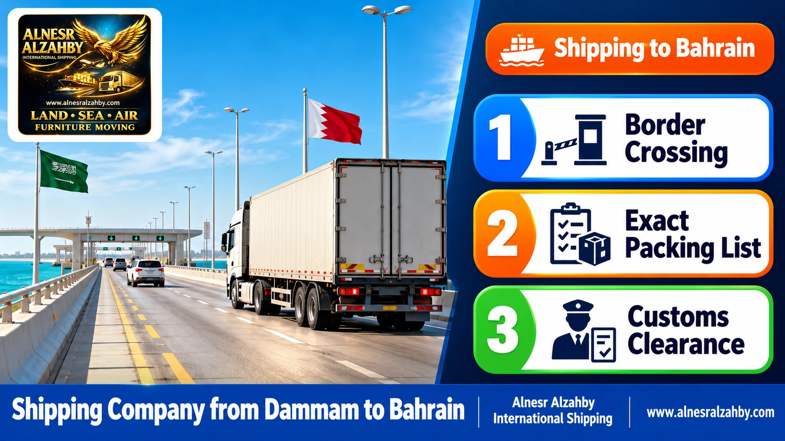 A truck crossing the King Fahd Causeway over turquoise Gulf waters