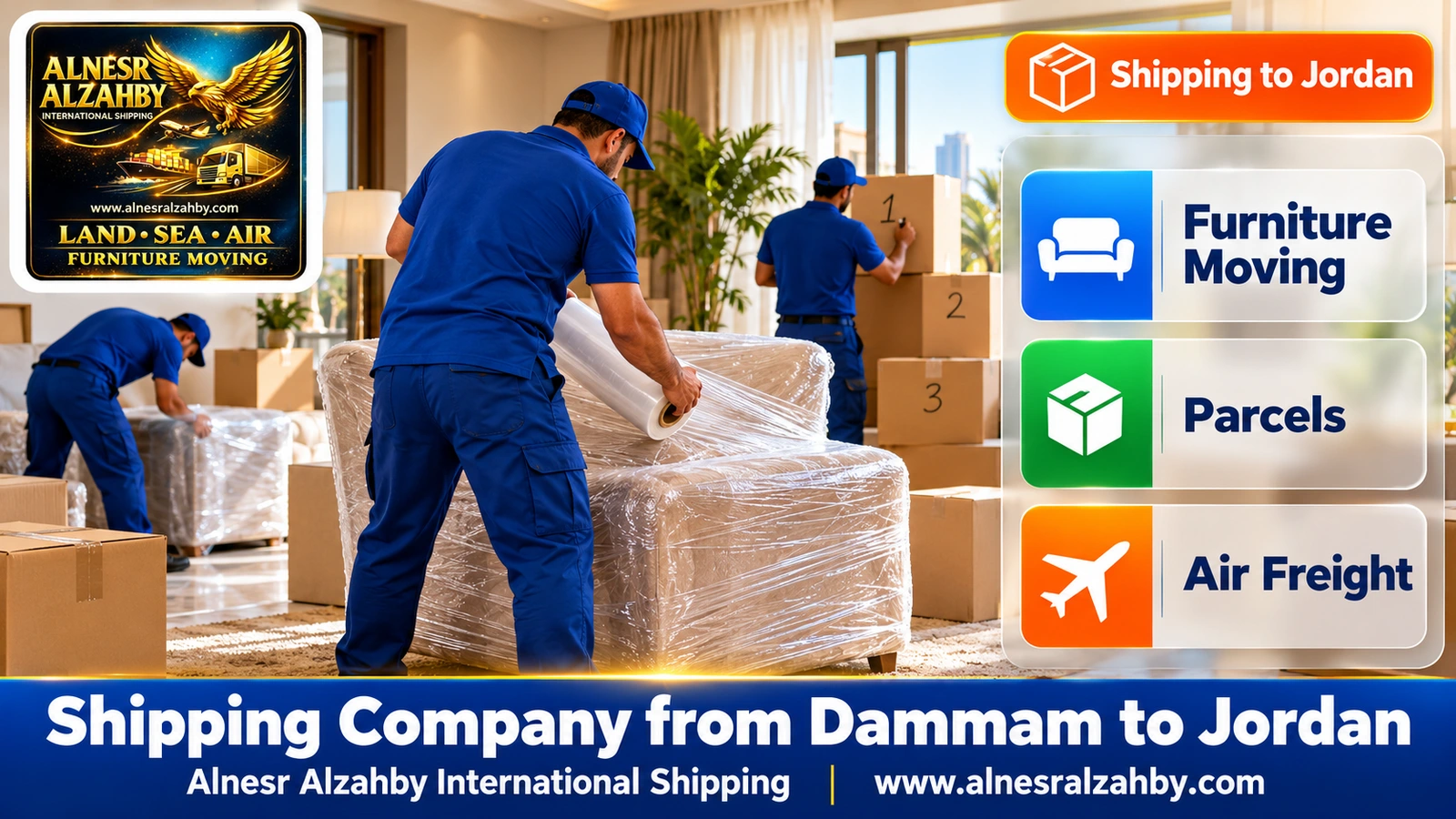 A team in blue uniforms wrapping furniture in a bright living room and numbering boxes