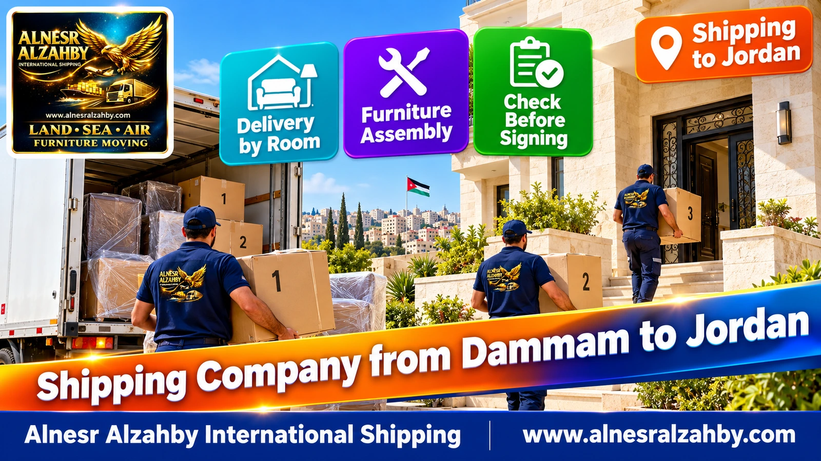 A team delivering numbered boxes to a white stone house in Amman