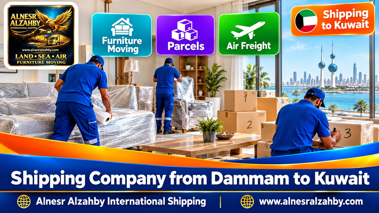 A team in blue uniforms wrapping furniture in a bright living room and numbering boxes