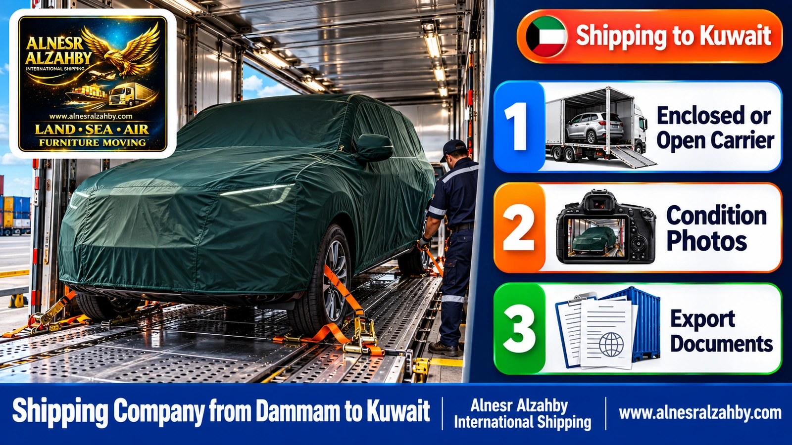 An SUV under a dark green protective cover inside an enclosed car carrier