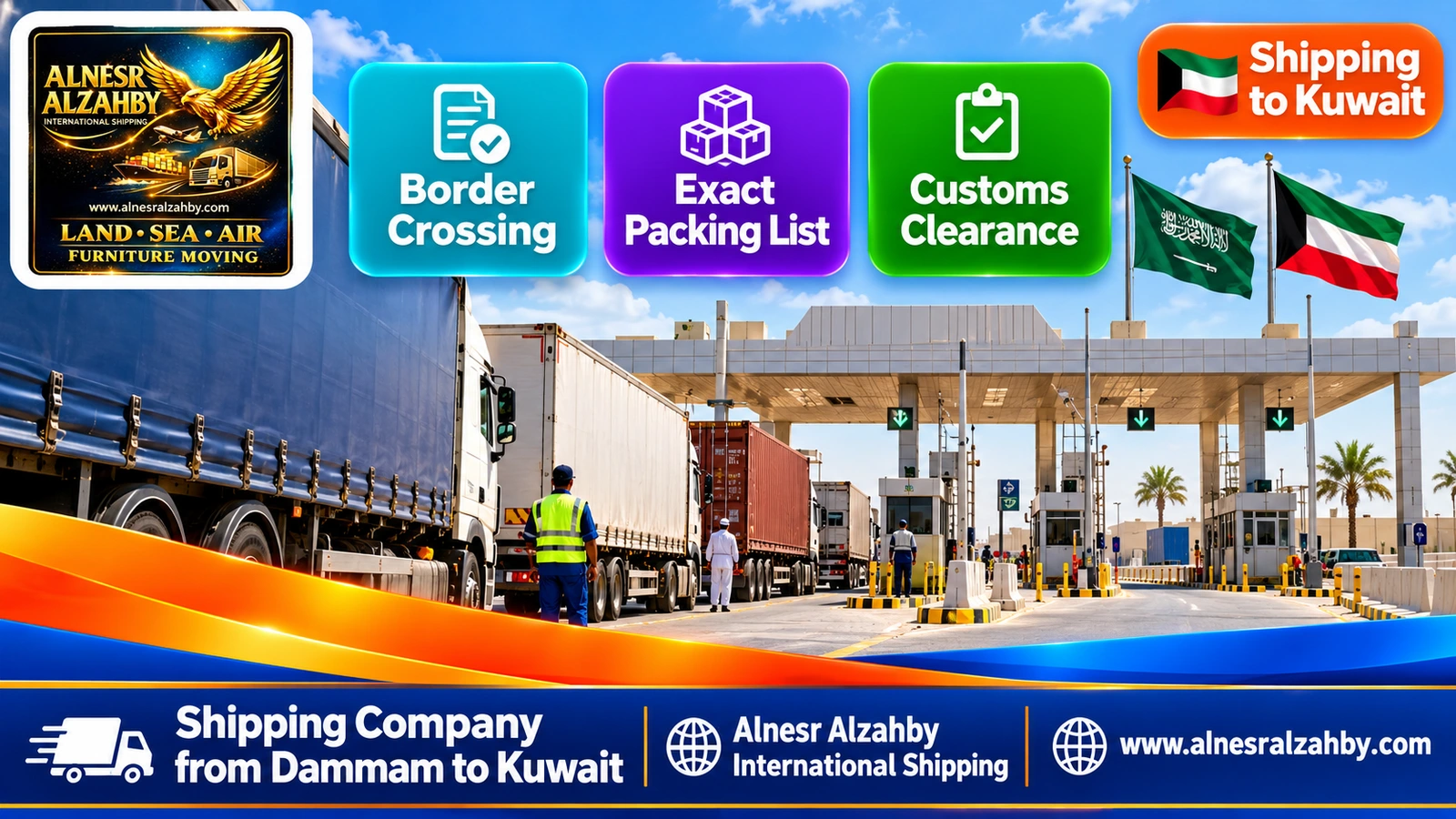 A modern Saudi–Kuwait border crossing with trucks in line