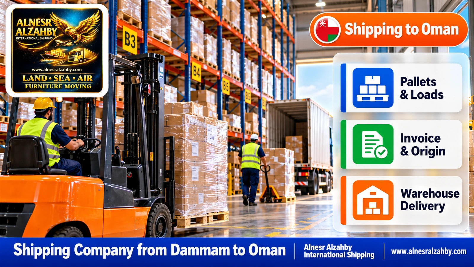 An organised consolidation warehouse with tall racks and numbered pallets