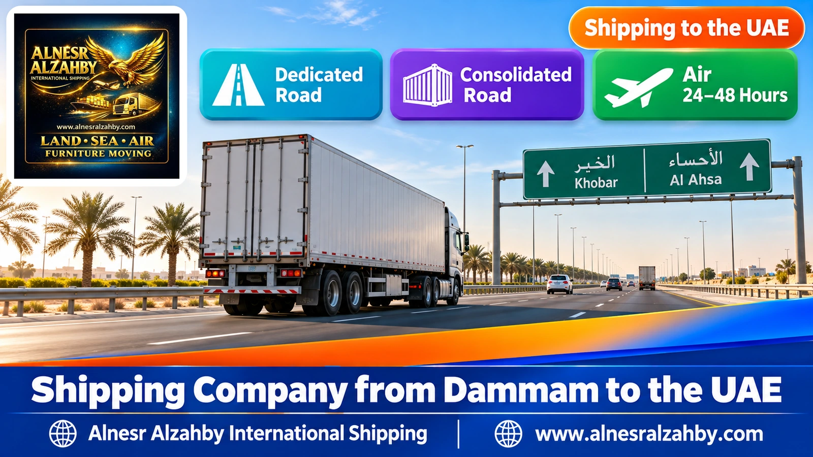 A cargo truck leaving Khobar on the Al Ahsa highway in the morning